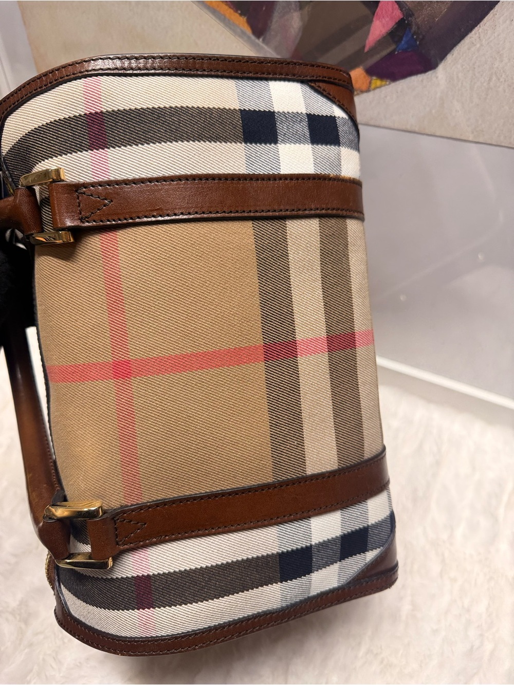 BURBERRY House Check Bowling Bag Brown Leather Handle - Picture 10 of 13